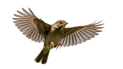 Obraz premium Flying sparrow PNG isolated on transparent background, small brown bird with outstretched wings in flight, wildlife animal