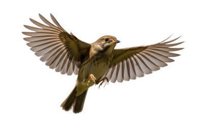 Flying sparrow PNG isolated on transparent background, small brown bird with outstretched wings in flight, wildlife animal