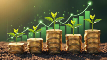 Investing in growth with increasing stacks of coins and thriving plants