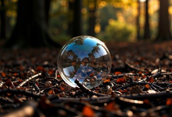 Intricately Reflected World: A Crystal Ball Capturing the Serene Beauty of Autumn Woods and Golden Foliage with a Touch of Magic in Nature's Palette