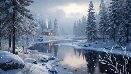Winter wonderland with cozy cabin by a snowy river in a tranquil pine forest during snowfall, beautiful frosty landscape