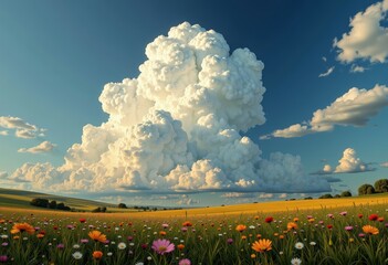 Vibrant countryside landscape with colorful wildflower meadow under a sky of towering fluffy clouds and expansive golden fields