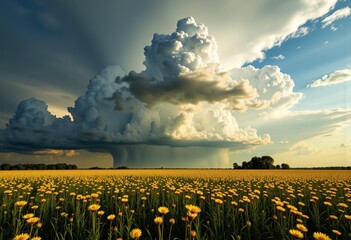 Vibrant Sunflower Field Underneath Majestic Storm Clouds Contrasts Nature's Beauty and Power in Dramatic Landscape Scene Capturing Weather Dynamics