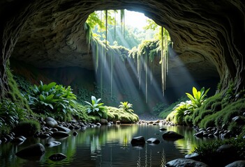 Sunlit Jungle Cave Interior with Lush Greenery and Tranquil Flowing Stream Reflecting Sun Rays Through the Ceiling Opening Surrounded by Vegetation and Rock Formations