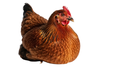 Brown hen isolated PNG on transparent background, domestic fowl with red comb and wattle for farm animal and poultry concepts