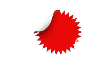 Red starburst sticker PNG isolated on transparent background, burst shape with curled edge for sale and promotion