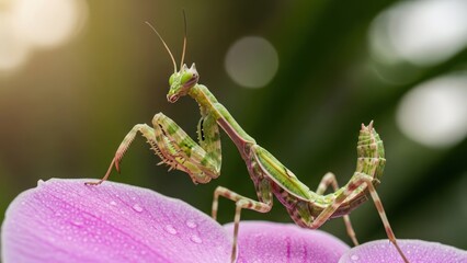 Close-up of a vibrant green praying mantis perched on a delicate pink flower petal with water droplets in nature.