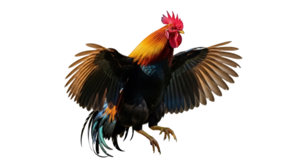 Majestic rooster with vibrant plumage PNG isolated on transparent background, farm animal clipart for design and educational use