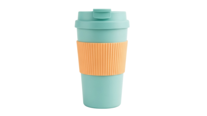 Reusable turquoise coffee cup with orange grip isolated PNG, eco-friendly travel mug for hot drinks on transparent background