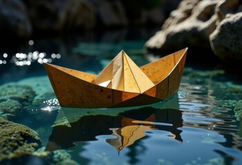 Glistening Origami Paper Boat Drifts Peacefully in Crystal Clear Water Surrounded by Sunlit Rocks and Nature's Calm Reflections