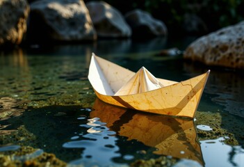 Golden Paper Boat Floating Gently on Serene Water Amidst Natural Stone Landscape, Reflecting Light and Creating a Peaceful Scene