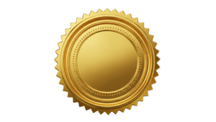 Golden seal isolated PNG on transparent background, shiny award emblem for certificates and official documents, metallic badge
