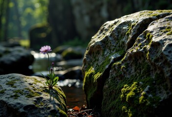 A solitary pink flower blooming amidst moss-covered rocks along a tranquil forest stream, captured in dappled sunlight filtering through lush green foliage