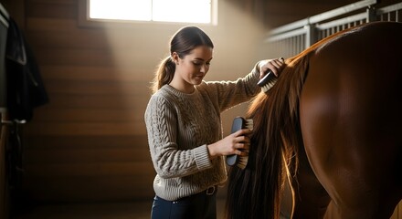 A tranquil young woman carefully brushing a horse's majestic tail in a rustic wooden stable, embodying the deep bond and responsible animal care concept.