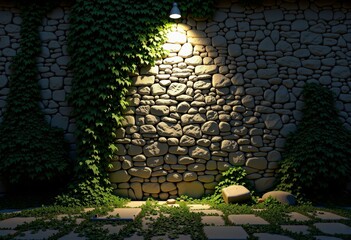 Serene Stone Wall Illuminated by a Single Overhead Light with Verdant Ivy Climbing and Casting Shadows in a Quiet Outdoor Evening Setting