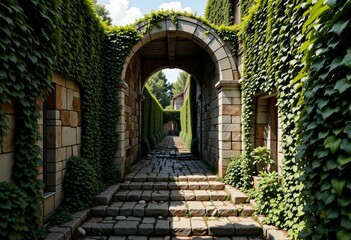Beautiful Stone Archway in Lush Garden Pathway Covered with Green Ivy and Brick Pavement Leading to Secluded Courtyard Underneath Clear Blue Sky
