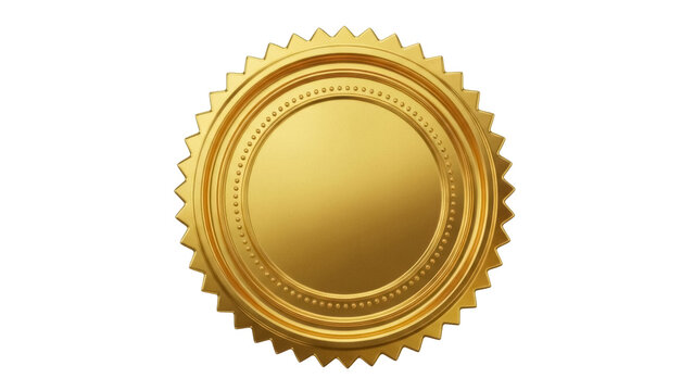 Golden seal isolated PNG on transparent background, shiny award emblem for certificates and official documents, metallic badge