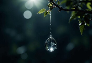 Intricate Water Droplet Suspended from Tree Branch Captures Moonlight in Lush Green Forest Setting with Soft Focus Background