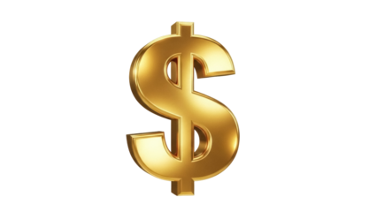 Golden dollar sign isolated PNG on transparent background, currency symbol for finance and investment concepts