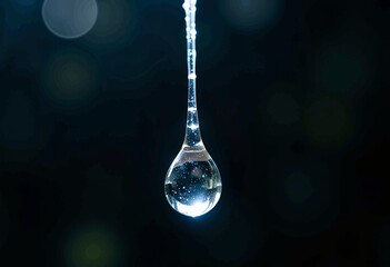 Close-Up Photograph of a Suspended Water Droplet with Reflections Against a Dark Background Showcasing Clarity and Translucence