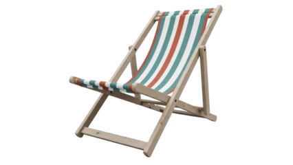 Striped beach chair PNG isolated on transparent background, wooden deckchair for summer vacation and relaxation