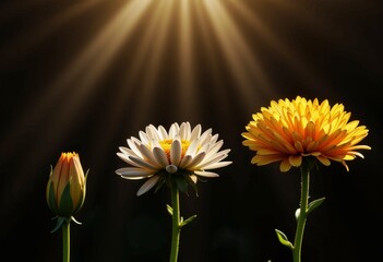 Three Vibrant Flowers Under Sunbeams on Black Background Highlighting Natural Beauty and Stunning Petal Details in Illuminated Botanical Arrangement