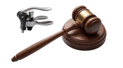 Wooden Judge's Gavel with Brass and Silver Wine Corkscrew isolated PNG with Transparent Background