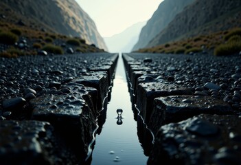 Moody Perspective of a Textured Mountain Valley Roadway with Water-filled Crevices Under a Misty Morning Sky