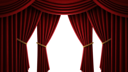 Elegant red velvet stage curtains PNG isolated on transparent background, theatrical drapes for performance and entertainment