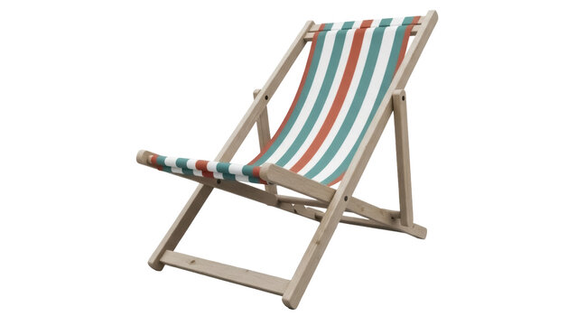 Striped beach chair PNG isolated on transparent background, wooden deckchair for summer vacation and relaxation