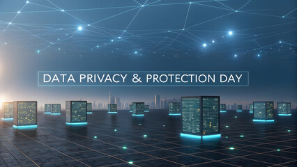 Data privacy and protection concept with cityscape and servers