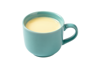 Blue mug filled with creamy yellow liquid.
