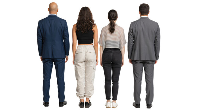 Four people standing with their backs to the camera on a white background