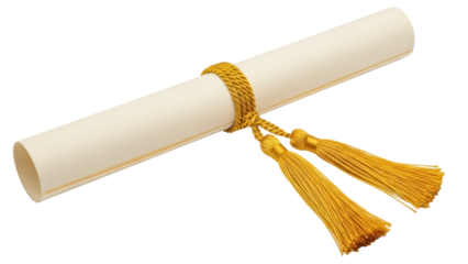 Diploma scroll with gold ribbon isolated PNG on transparent background, graduation certificate document for education and academic achievement