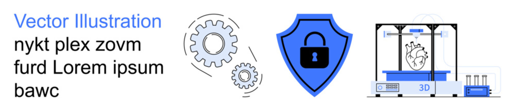 Cybersecurity, innovation, 3D manufacturing, technology integration, industrial processes, digital safety. Gears, shield with lock and 3D printer. Cybersecurity and innovation