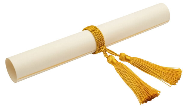 Diploma scroll with gold ribbon isolated PNG on transparent background, graduation certificate document for education and academic achievement - Powered by Adobe