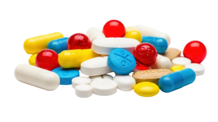 Pile of colorful pills and capsules isolated PNG, assorted medication for healthcare and pharmaceutical concepts