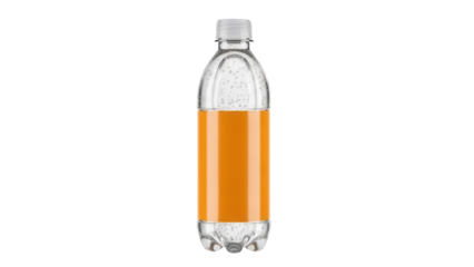 Orange soda bottle isolated PNG on transparent background, refreshing drink with bubbles for summer refreshment and beverage concepts