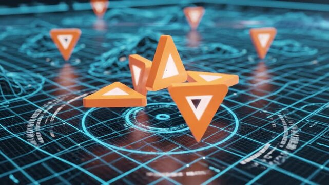 Orange triangular tokens glowing blue digital grid representing network node data flow. orange triangular location marker triangle icons glowing topographic grid map with digital interface elements