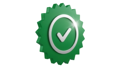Green verified badge PNG isolated on transparent background, check mark symbol for social media and account authentication