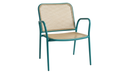 Stylish teal armchair with woven seat and back isolated PNG, modern furniture for interior design and home decor projects