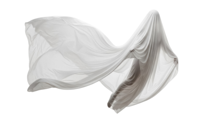 Mysterious figure under flowing white fabric isolated PNG, ethereal and ghostly form on transparent background for design projects