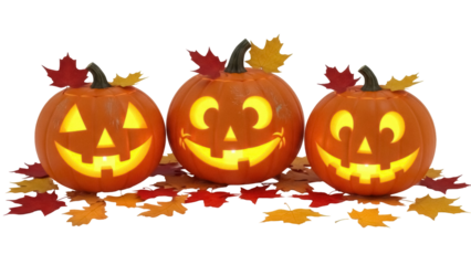 Three glowing Jack-o -lanterns with autumn leaves PNG isolated on transparent background, Halloween pumpkins for seasonal design