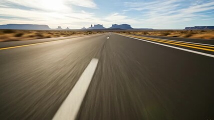 Open desert highway with motion blur speeding through Monument Valley for a travel adventure concept and endless road trip