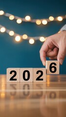 Hand completing 2026 date with wooden cubes on table with string lights for New Year eve background