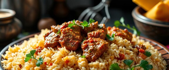 Aromatic mandi, a delicious and traditional Middle Eastern dish featuring tender spiced meat and fragrant rice,  Turkish,  bowl