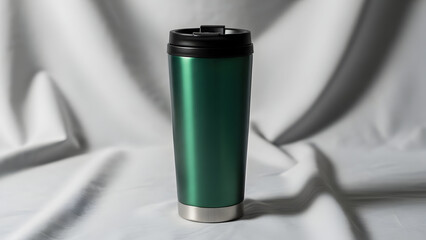 Fototapeta premium Green insulated travel mug with black lid