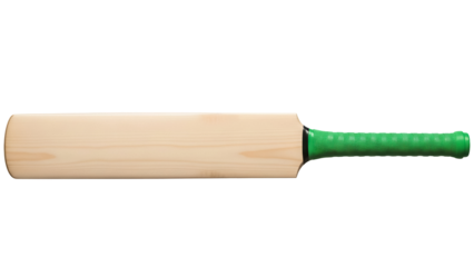 Cricket bat PNG isolated on transparent background, wooden sports equipment with green grip for professional or amateur play