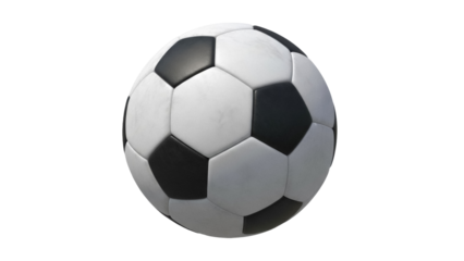 Classic black and white soccer ball PNG isolated on transparent background, traditional football equipment for sports and recreation