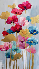 Abstract Watercolor Flowers with Golden Stems